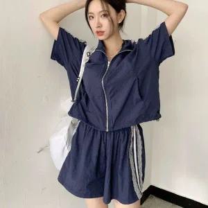 [하프클럽/]여자 레이스라인 바스락 집업 반팔티 숏팬츠 세트