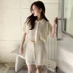 [하프클럽/]여자 그물 네트 숏 반팔 피케티 미니 스커트 세트