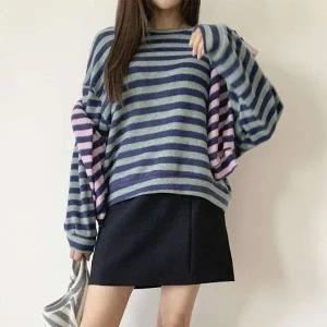 [다잇템] 여자 롱슬리브 빅사이즈 보온 폭신 콘트라스트 줄무늬 맨투맨_23517681_588872