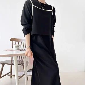 [하프클럽/]여자 레이어드 배색 끈나시 양트임 긴팔 롱원피스 세트