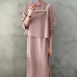 [하프클럽/]여성 레이어드 컬러 배색 나시 긴팔 롱드레스 세트