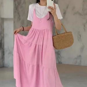 [하프클럽/]여자 무지반팔티 롱원피스 코르셋 티어드 세트