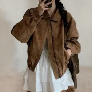 |CCJ694B|여성 스웨이드 카라넥 크롭 자켓 루즈핏 키치 무드