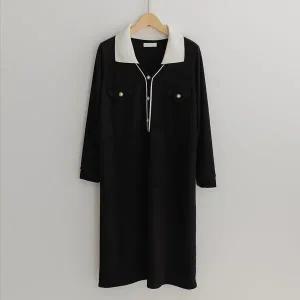 [하프클럽/]빈주 브이 카라 배색 버튼 원피스