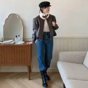 |CMJ6934|여성용 클래식 퍼안감 하이넥 버클 가죽 무스탕 재킷