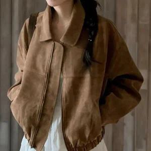 |CCJ694B|여성 스웨이드 카라넥 루즈핏 크롭 자켓 키치 무드