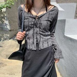 [하프클럽/]여성 홀터넥 나시 레이어드 데미지 가디건 세트