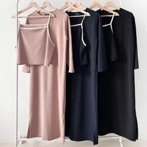 [하프클럽/]여성 레이어드 배색 끈 나시 긴팔 롱 원피스 세트