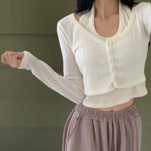 [하프클럽/]여성 홀터넥 골지 민소매 크롭탑 가디건 세트