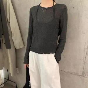 [하프클럽/]여성 데일리 레이어드 홀터넥티 물결 긴팔 니트 세트