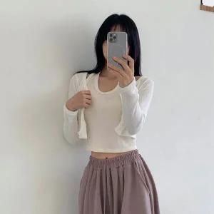 [하프클럽/]여성 홀터넥 골지 민소매 크롭 탑과 가디건 세트