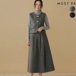 여성 토글버튼 조끼 롱스커트 쓰리피스