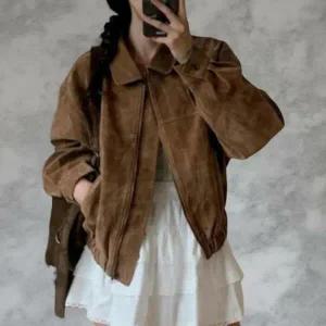 여성 키치무드 스웨이드 카라넥 크롭 루즈핏 재킷