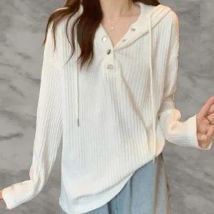 [신세계라이브쇼핑][옷자락] 여성 키치무드 느슨한 핏 골지 버튼 후드 티셔츠