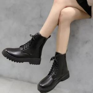 여성 심플 매트 레이스업 미끄럼 로우힐 워커