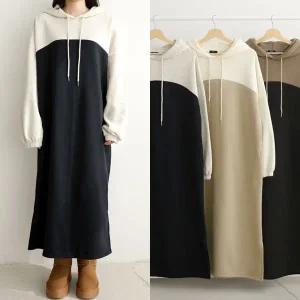 [보리보리/마미누리]임산부 기모 루즈배색 후드원피스 빅사이즈 여성 겨울 임부복