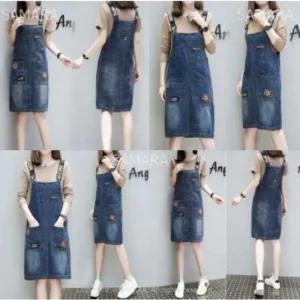 [아우트]루즈핏 미디 청 멜빵 여성 데님 원피스