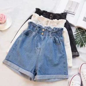 [아우트]투버튼 여성 데님 밴딩 면반바지 청반바지