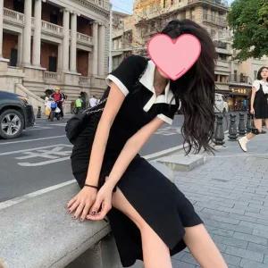 [아우트]포인트 옆셔링 배색 반팔원피스 원피스