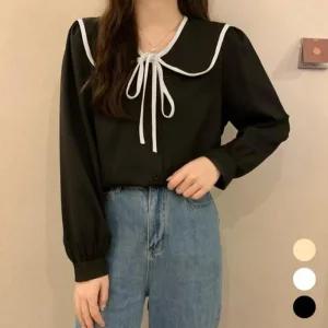 [아우트]카라 리본 블라우스셔츠 매듭 블라우스