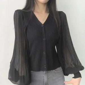 [아우트]퍼프소매블라우스 골지 가디건 AK-0175