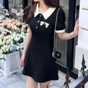 [아우트]반팔원피스 배색카라 A라인 플레어 하객룩