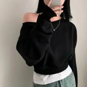 [아우트]크롭티 맨투맨 한쪽 어깨트임 티셔츠 3색