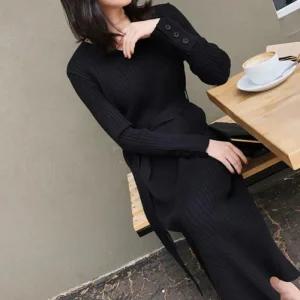 [아우트]긴팔 브이넥 원피스 간절기 골지 롱원피스