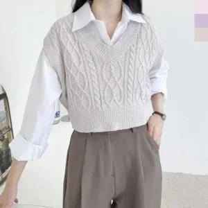 넥 니트 조끼 니트조끼 여자부클 여성상의 CAT (49QqO)