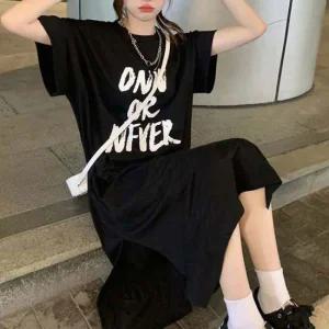 여자 반팔 레터링 트렌드 트임 롱원피스 데일리 나들