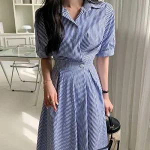 데일리 스트라이프 뒷밴딩 셔츠 원피스