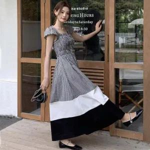 체크 패턴 투톤 배색 스모크 밴딩 원피스