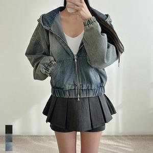 여성 후드 집업 크롭 청 자켓 루즈핏 투웨이 지퍼 샌드 워싱 데님 흑청 진청 연청 3컬러