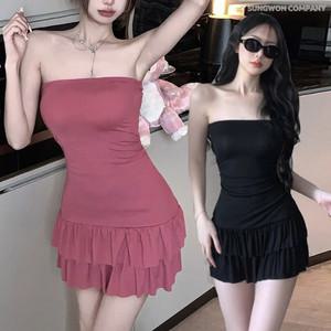 이너퀸 프리수 여성용 튜브탑 밴딩 브라캡 캡내장 노브라 프릴 셔링 캉캉 휴양지 휴가 섹시 미니 숏 원피스 튜브캉캉원피스