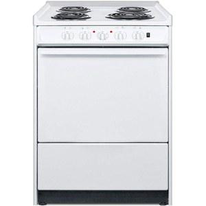 Summit 가전 WEM610R 24인치 와이드 슬라이드 인 전기 코일 상단 범위, 하부 저장실, 오목 오븐 도어, 브로일러 팬, 표시등, 푸시 투 턴 버너 노브가 있는 흰색 제품입니다