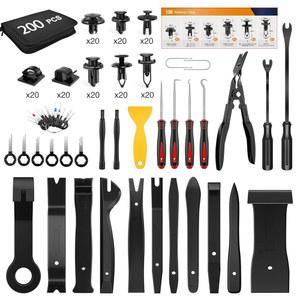 GUACC 200개 트림 제거 도구 자동 푸시 핀 범퍼 리테이너 클립 세트 패스너 터미널 리무버 접착 케이블 원형 핸들 크로우바 키트 자동차 패널 라디오 플라이어 블랙
