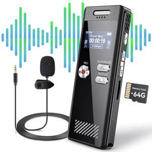 [미국배송] 64GB 디지털 음성 녹음기 재생 기능이 있는 활성화 강의용 HD 듀얼 마이크 테이프 녹음 장치 라인인이 사운드 오디오 녹음기