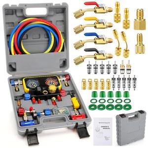 [미국배송] 텔레글로우 HVAC R1234YF R134A 매니폴드 게이지 세트 자동차용 4방향 AC 및 R404A 차량 충전 배기용 5피트 호스 어댑터 포함