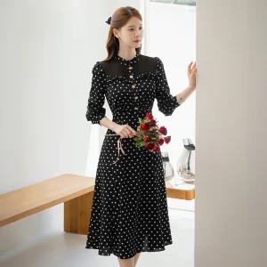 [시크라인] (~XXL까지) 마리온 시스루포인트 도트 플레어 원피스 가을 하객룩 오피스룩 모임룩 격식룩 빅사이즈