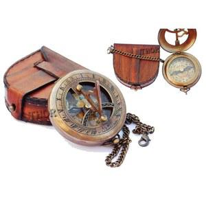 가죽 케이스와 체인이 달린 황동 해시계 컴퍼스 | 푸시 오픈 빈티지 스팀펑크 액세서리 포켓 아름다운 수제 선물 오래된 마감