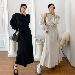 여성 봄 가을 면 세미크롭 퍼프 맨투맨 플레어 롱 스커트 세트 SST0102S 빅사이즈 루즈핏