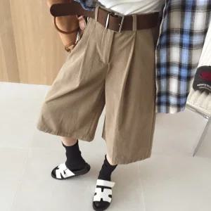 스팅 하이웨스트 벨트세트 뒷밴딩 핀턱 포켓 코듀로이 버뮤다 7부 와이드 팬츠 (2color)