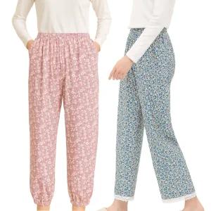 플라워 꽃무늬 여성 기모 파자마 시보리 와이드 스판 팬츠 홈웨어 빅사이즈