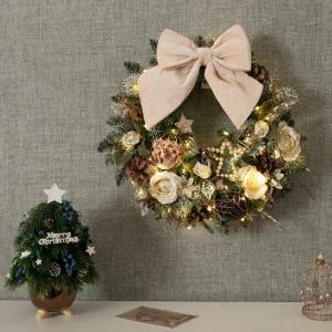 아트박스/플라워트리 크리스마스 리스 벽장식 LED 크리미 로즈 45cm 소품