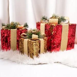 플라워트리 크리스마스 선물상자 대형 장식 레드골드 스팽글 30cm