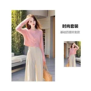 가을 여자정장세트 초 풀세트 핑크 니트 바지 세트 ible3