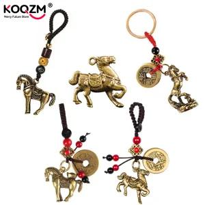 청동 말 열쇠 고리 전화 매력 자동차 펜던트 빈티지 구리 풍수 허리 버클 땋은 밧줄 걸이