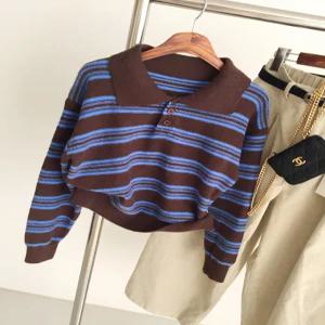 마가렛 배색카라 스트라이프 헨리넥 세미크롭 긴팔니트 (4color)