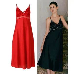 [와코루]여신슬립 부드러운 사틴소재 벨벳 플로럴 자수 풀슬립2종세트(DFS0463 BK/RE)..[35527788]