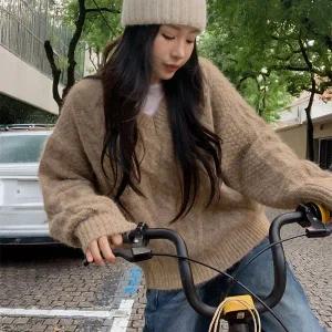 핫핑 [구름니트][울함유/폭닥폭닥] 키안즈 브이넥 오버핏 꽈배기 긴팔니트티